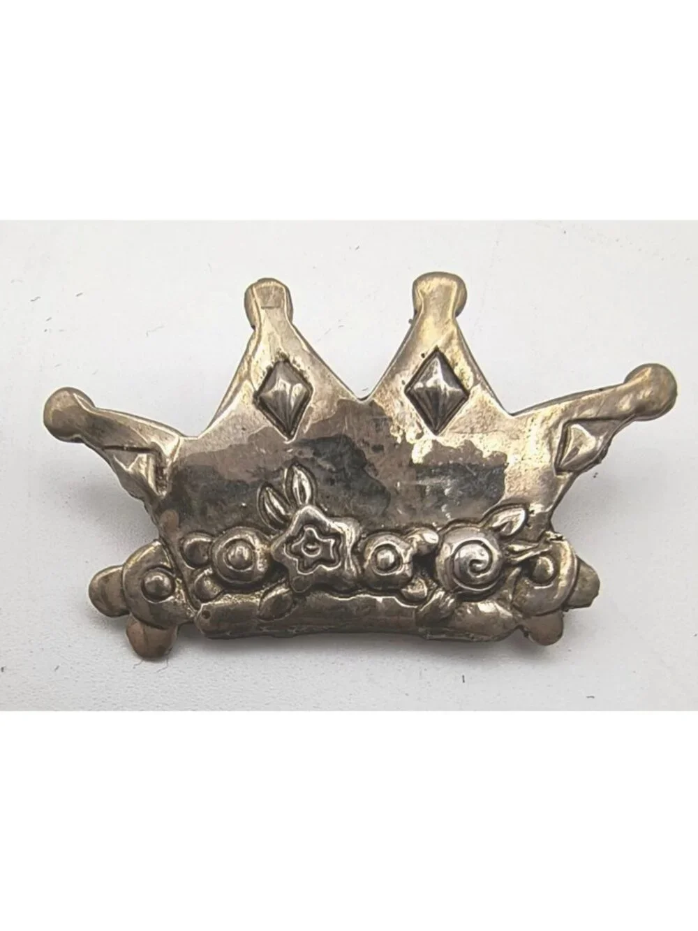 Vintage Sterling Silver 925 Mary Englebreit Crown Brooch Pin With Floral Detaili